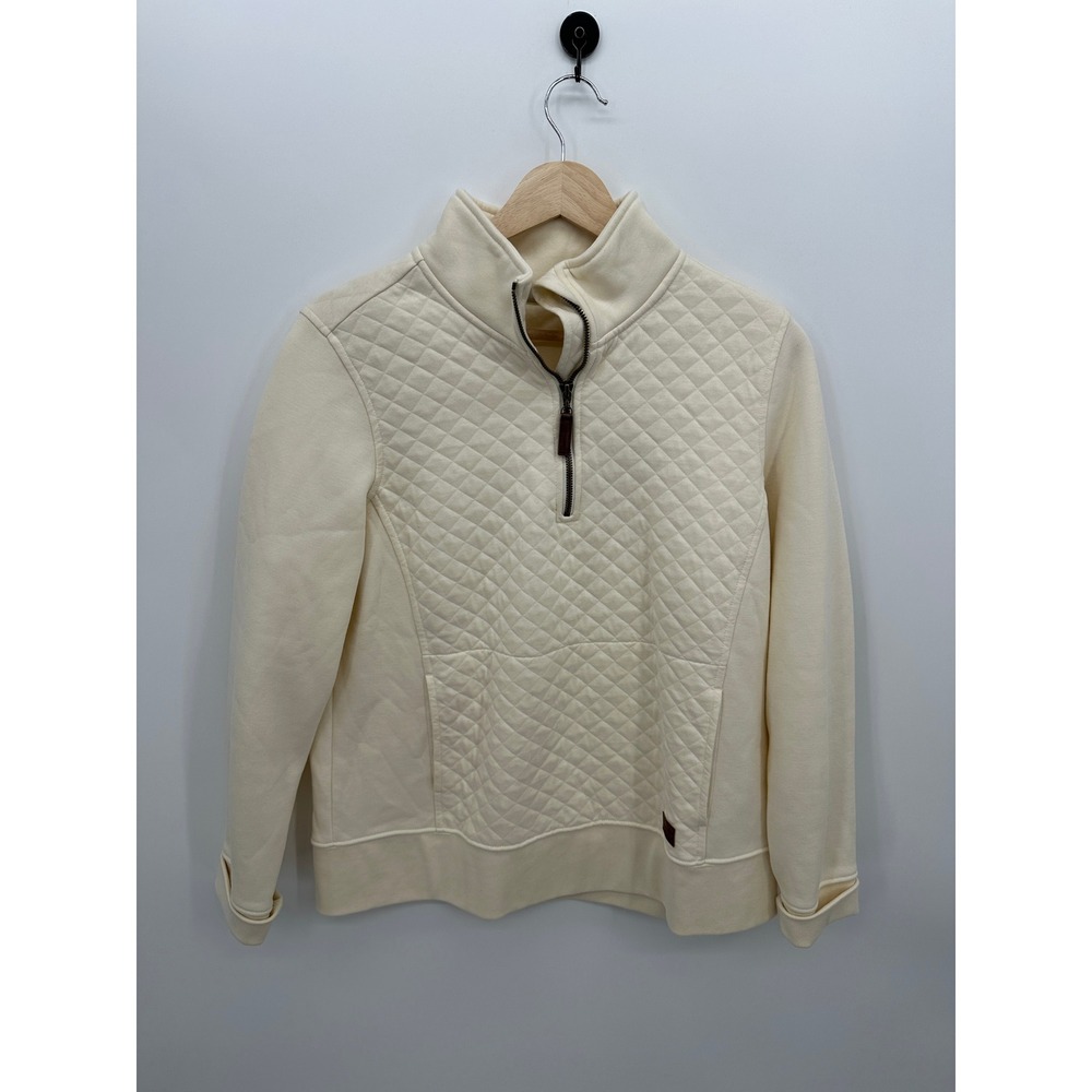 LL Bean Womens Quilted Quarter Zip Pullover Cream Fleece Sz MP Casual